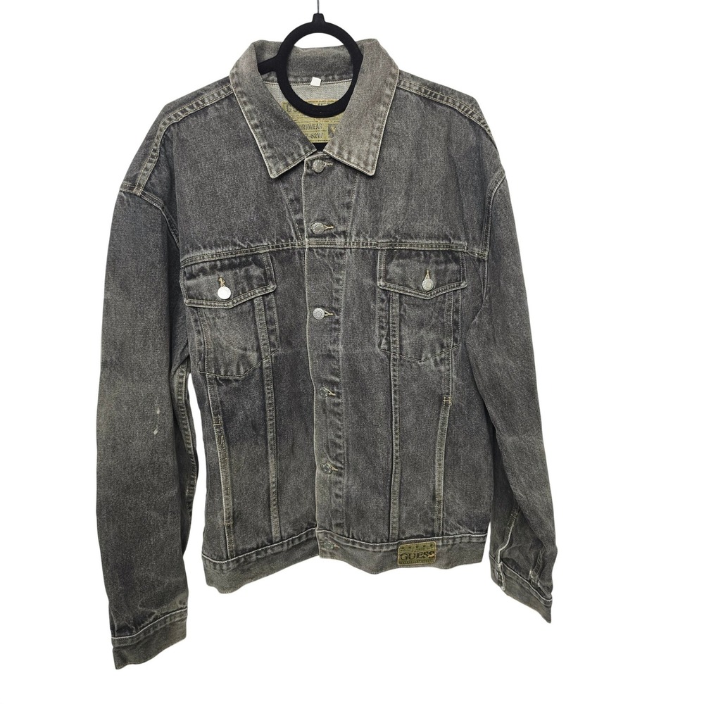 Guess Denim Jacket Mens XL Black Vintage Workwear D67-62W Faded Trucker